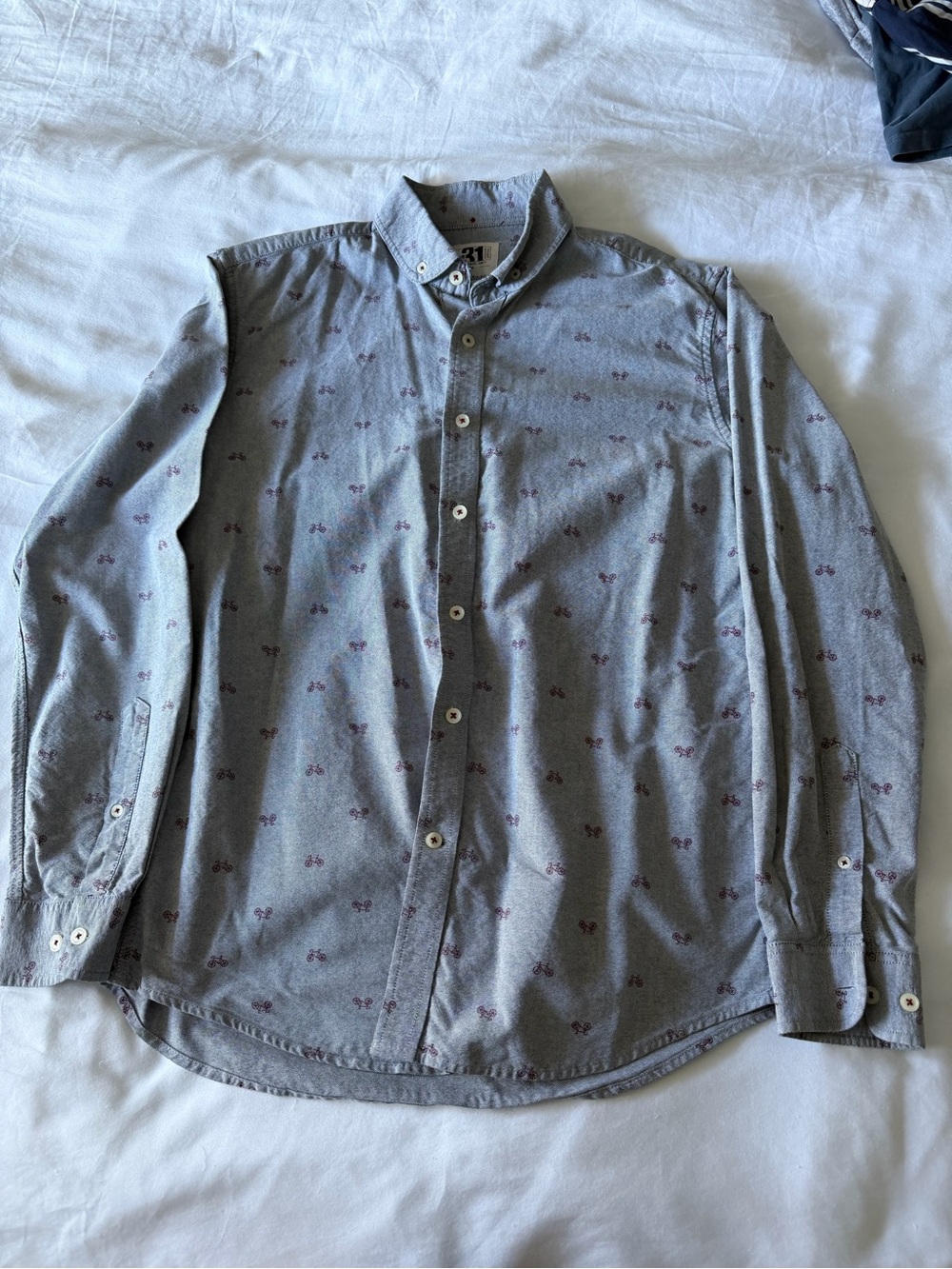 Men's Gray Button-Down Shirt with Subtle Cherry Bicycle Print
